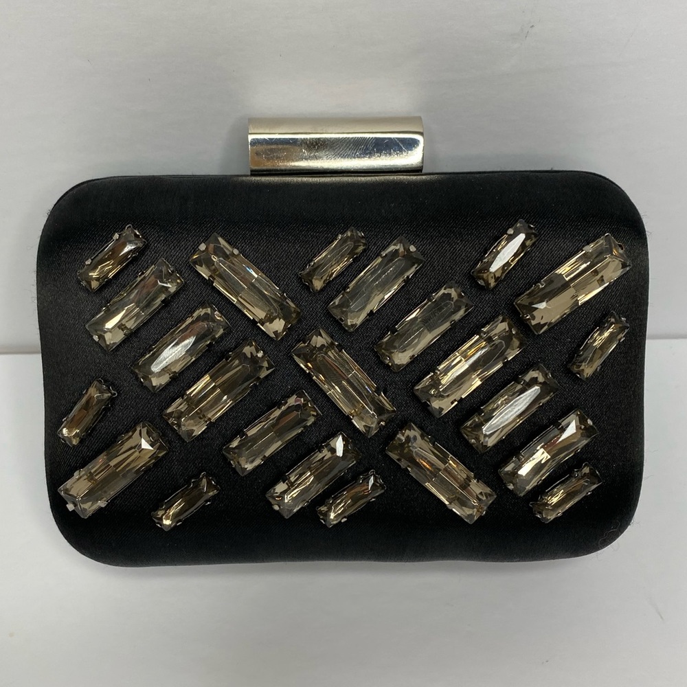 Bebe Black Satin Clutch with Silver Strap Used